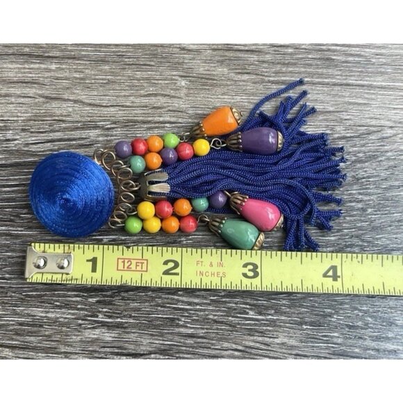 Vintage Earrings Large Long Blue Multi Color Boho Circle Clip On Fringe 80s 90 - Picture 10 of 10